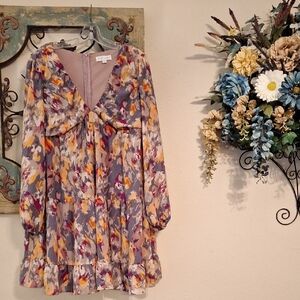 She + Sky Vibrant Floral Long Sleeve Dress - Purple and Orange. NWOT Size Larfe